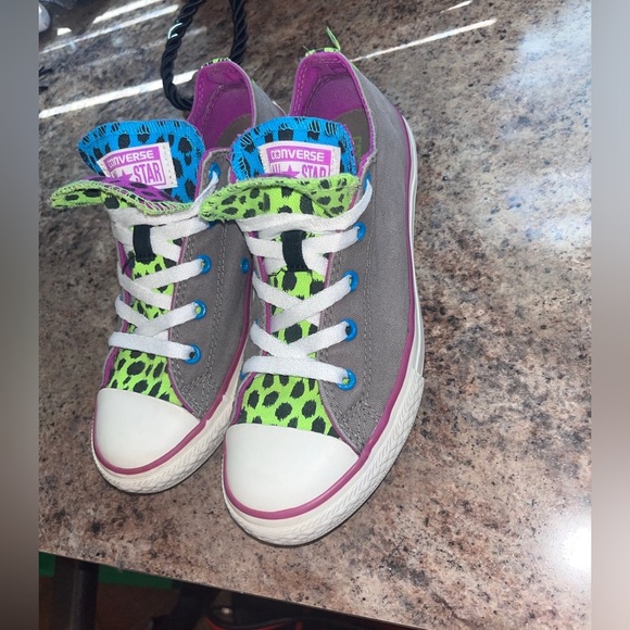 Converse All Star Shoes Gray Neon Animal Print Double Tongue Junior Size 4 - Picture 3 of 12